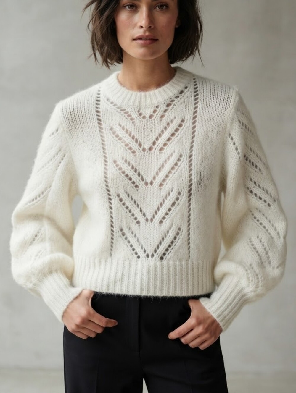 RED VALENTINO Ecru Mohair Blend Pointelle Knit Cropped Sweater NWT S WR3KC08S